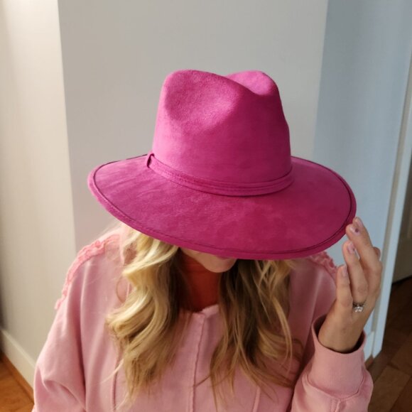 Fuschia Pink Suede Wide-Brim Rancher Fedora Hat Mexico Boho Rodeo Western Pretty - Picture 6 of 7